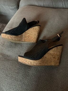 Ardene Black Laser-Cut Cork Wedge Slingbacks
